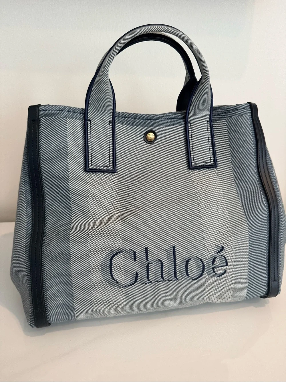 NEW Chloé Carry Logo Detailed Large Tote Bag in Striped Moonlight Blue Bag